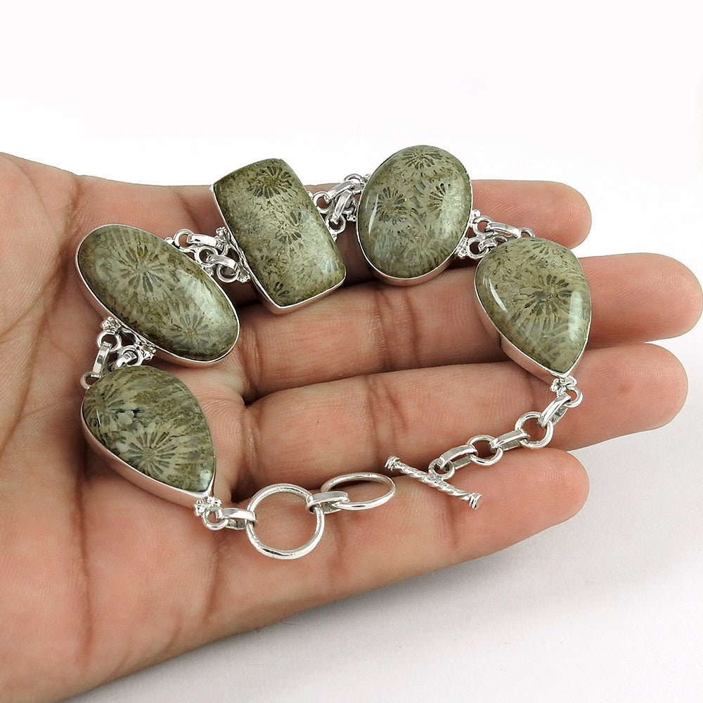 Jasper Gemstone Bezel Wedding Chain Handcrafted Bracelet Jewelry Solid Silver