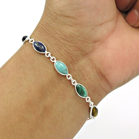 Healing Chakra Bracelet Natural Multi Gemstone 925 Silver Statement Jewelry