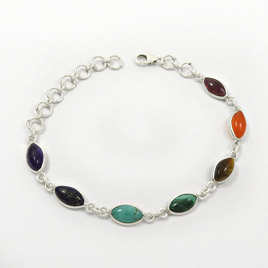 Healing Chakra Bracelet Natural Multi Gemstone 925 Silver Statement Jewelry