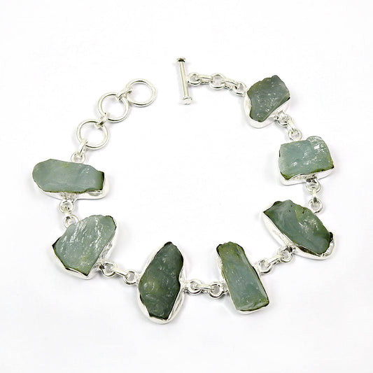 Birthday Gift Chain Rough Stone Bracelet 925 Silver Natural Prehnite X2