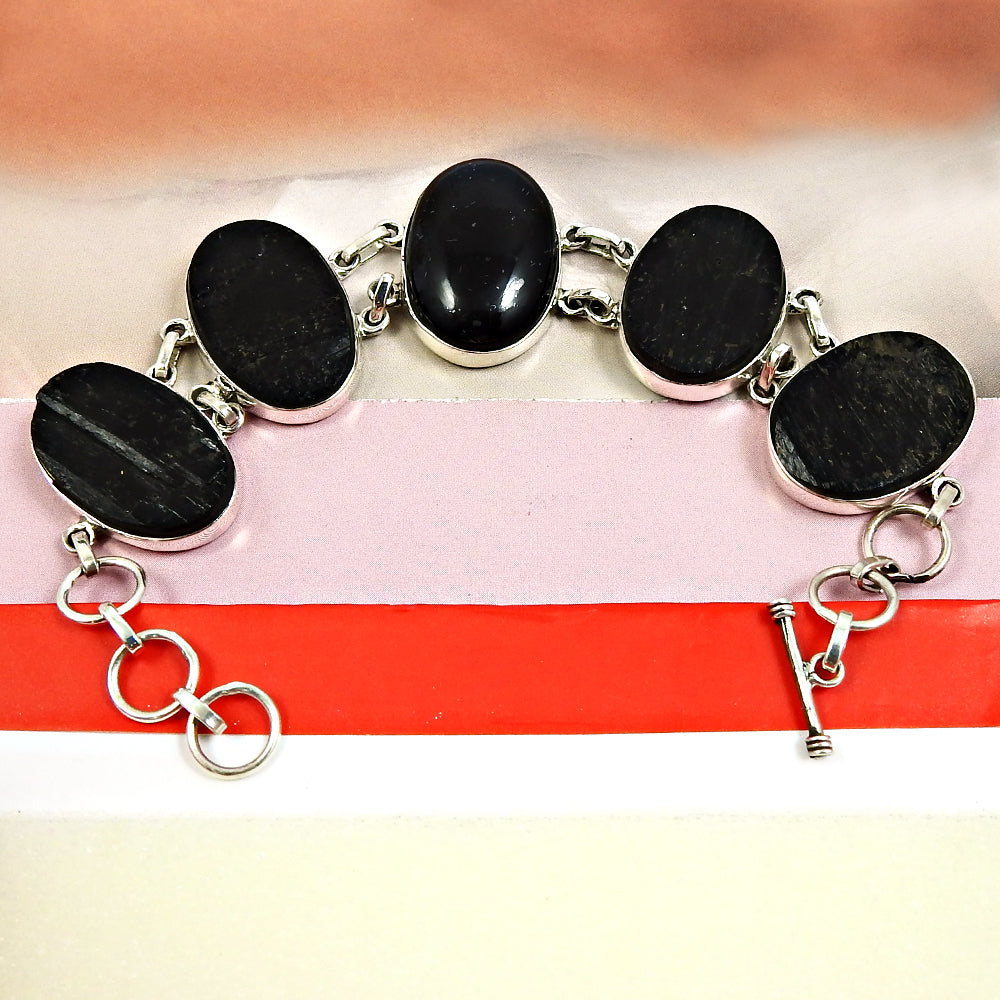 Natural Black Tourmaline Gemstone 925 Silver Chain Healing Bracelet For Women S5