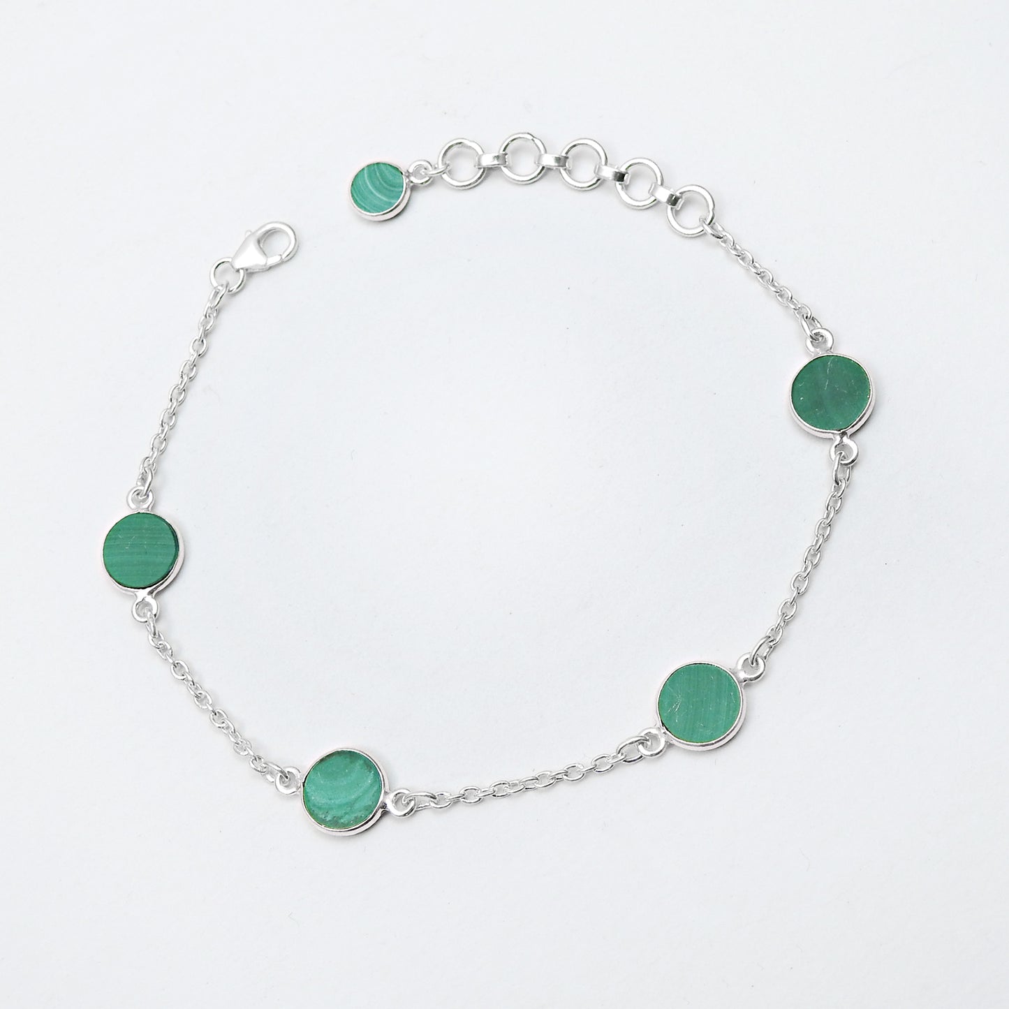 Round Malachite Gemstone Solid Sterling Silver Engagement Bezel Chain Bracelet