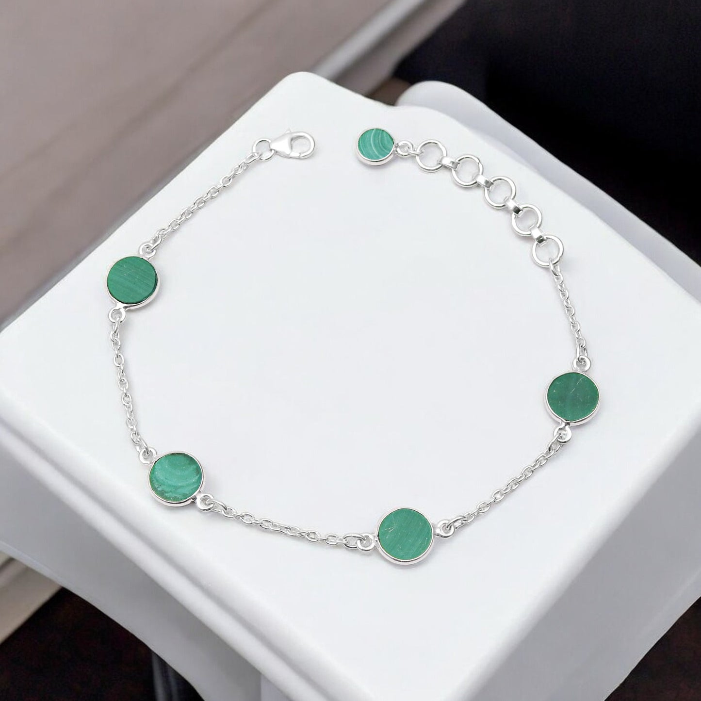 Round Malachite Gemstone Solid Sterling Silver Engagement Bezel Chain Bracelet
