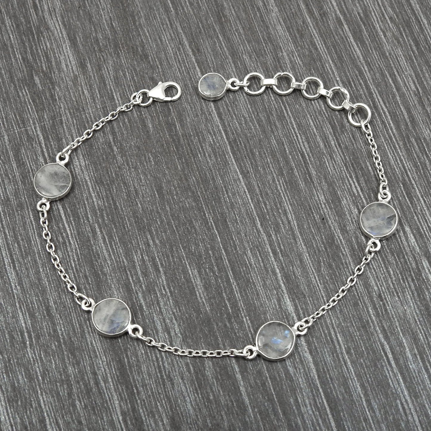 Solid 925 Silver Rainbow Moonstone Bezel Bracelet Party Wear Jewelry