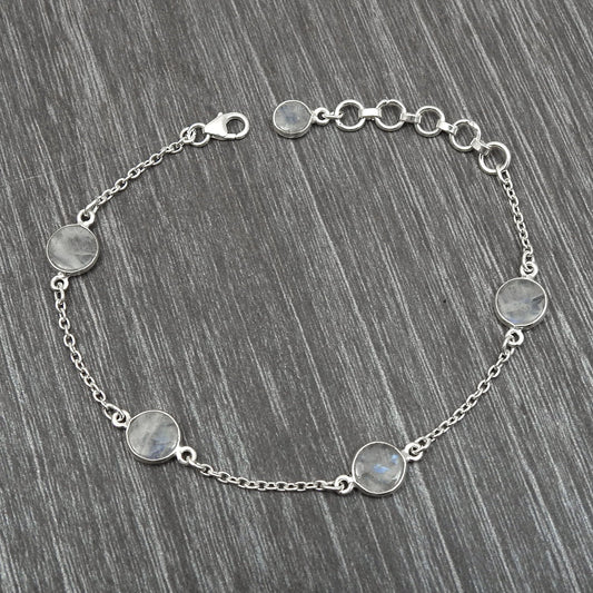 Solid 925 Silver Rainbow Moonstone Bezel Bracelet Party Wear Jewelry