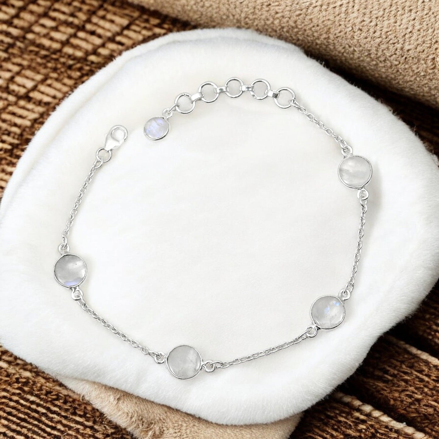 Solid 925 Silver Rainbow Moonstone Bezel Bracelet Party Wear Jewelry