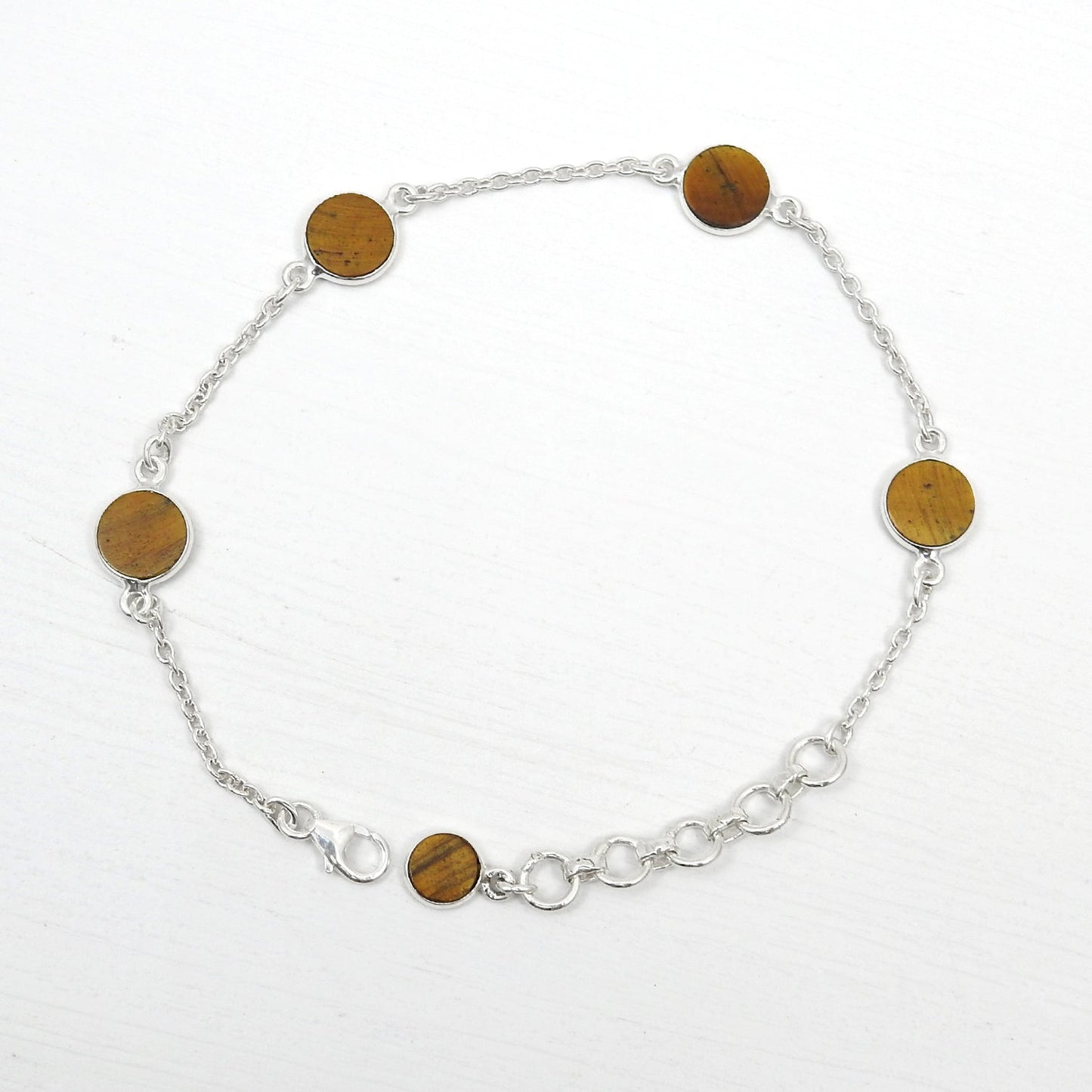 Round Natural Tiger's Eye 925 Solid Silver Sister Boho Chain Wedding Bracelet