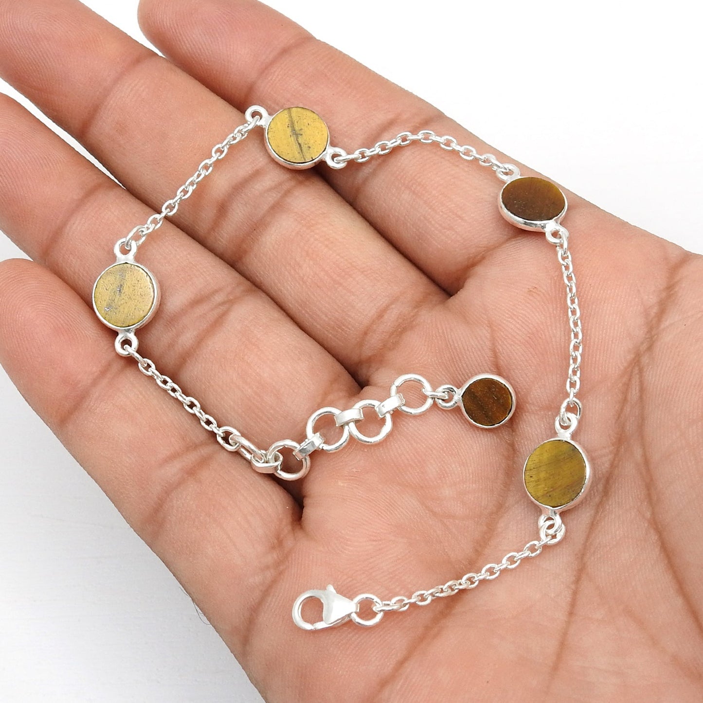 Round Natural Tiger's Eye 925 Solid Silver Sister Boho Chain Wedding Bracelet