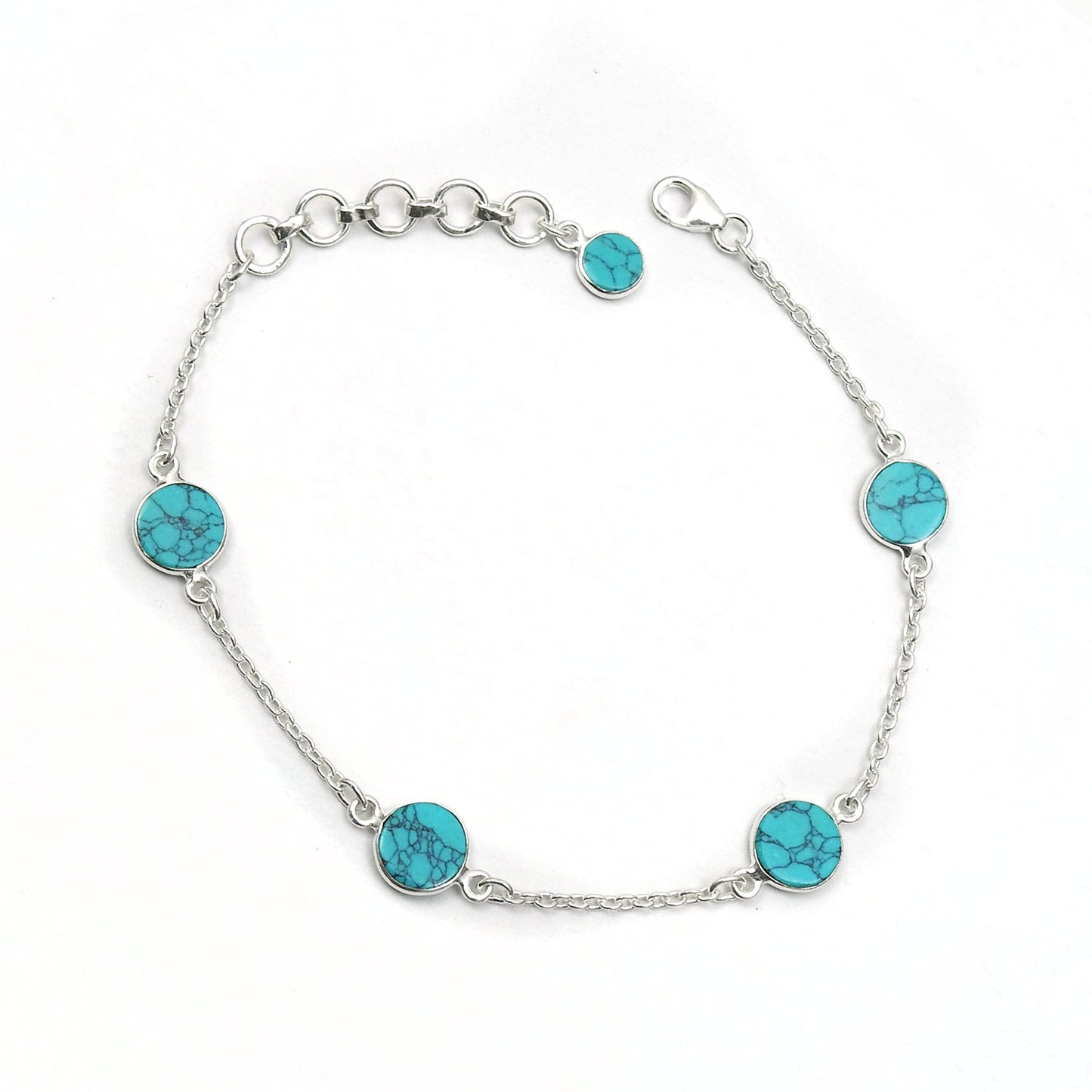 Round Turquoise Stone 925 Silver December Birth Mother Chain Bracelet Jewelry