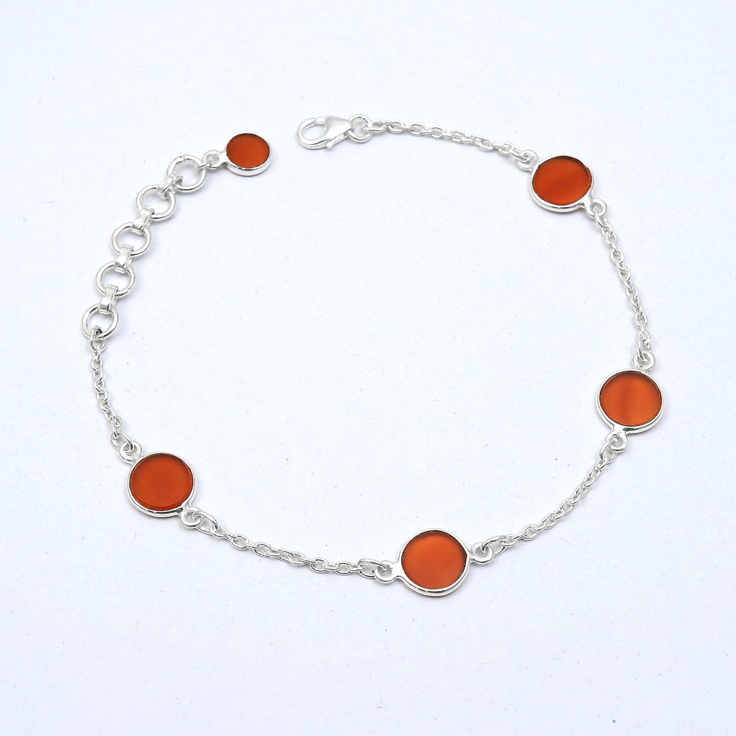 Round Carnelian Gemstone Solid Silver Daughter Bezel Boho Chain Wedding Bracelet