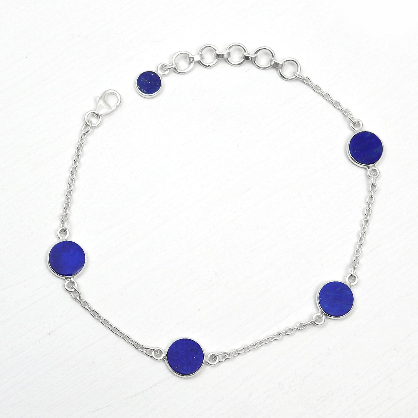 Round Lapis Lazuli Gemstone Sterling Silver September Chain New Bracelet Jewelry
