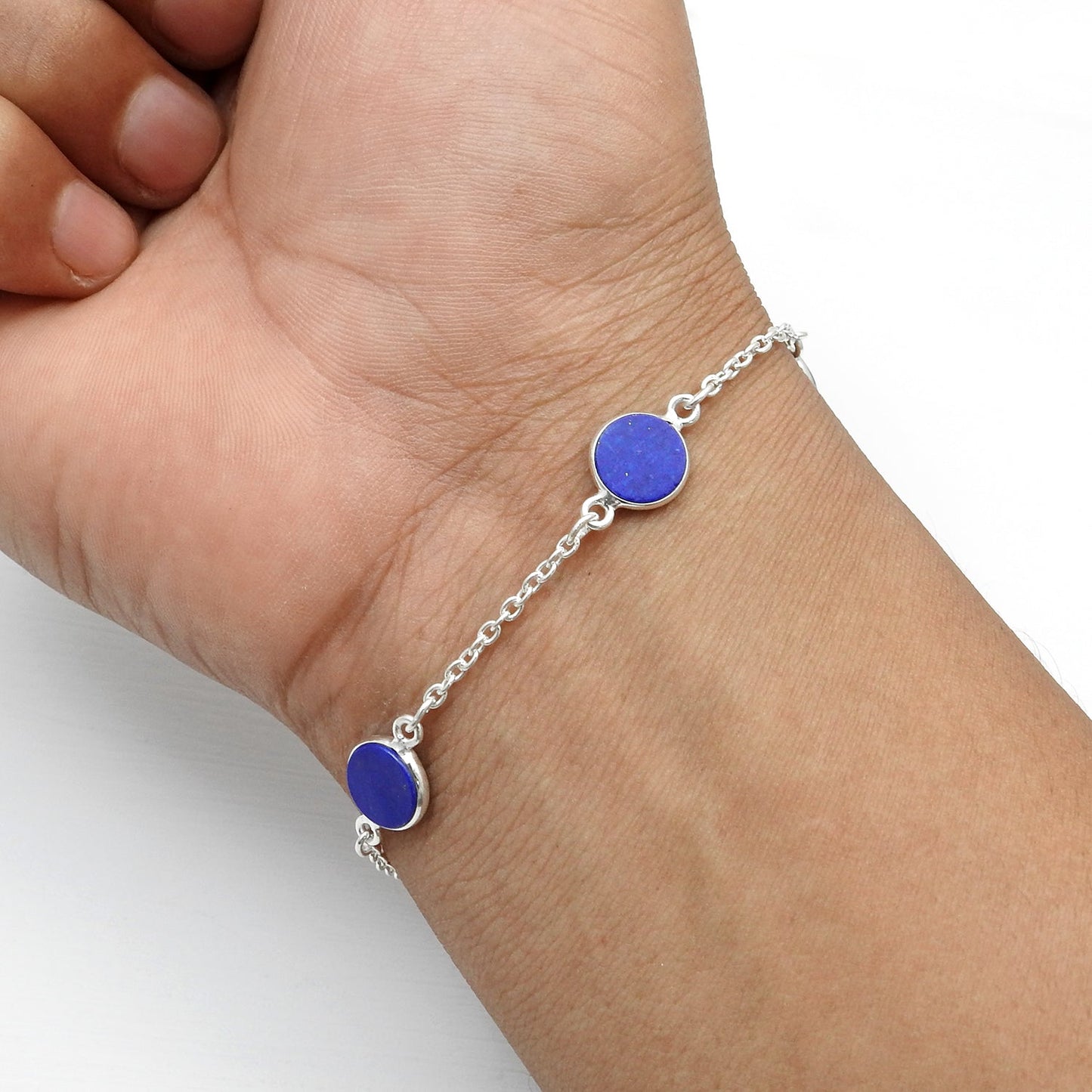 Round Lapis Lazuli Gemstone Sterling Silver September Chain New Bracelet Jewelry