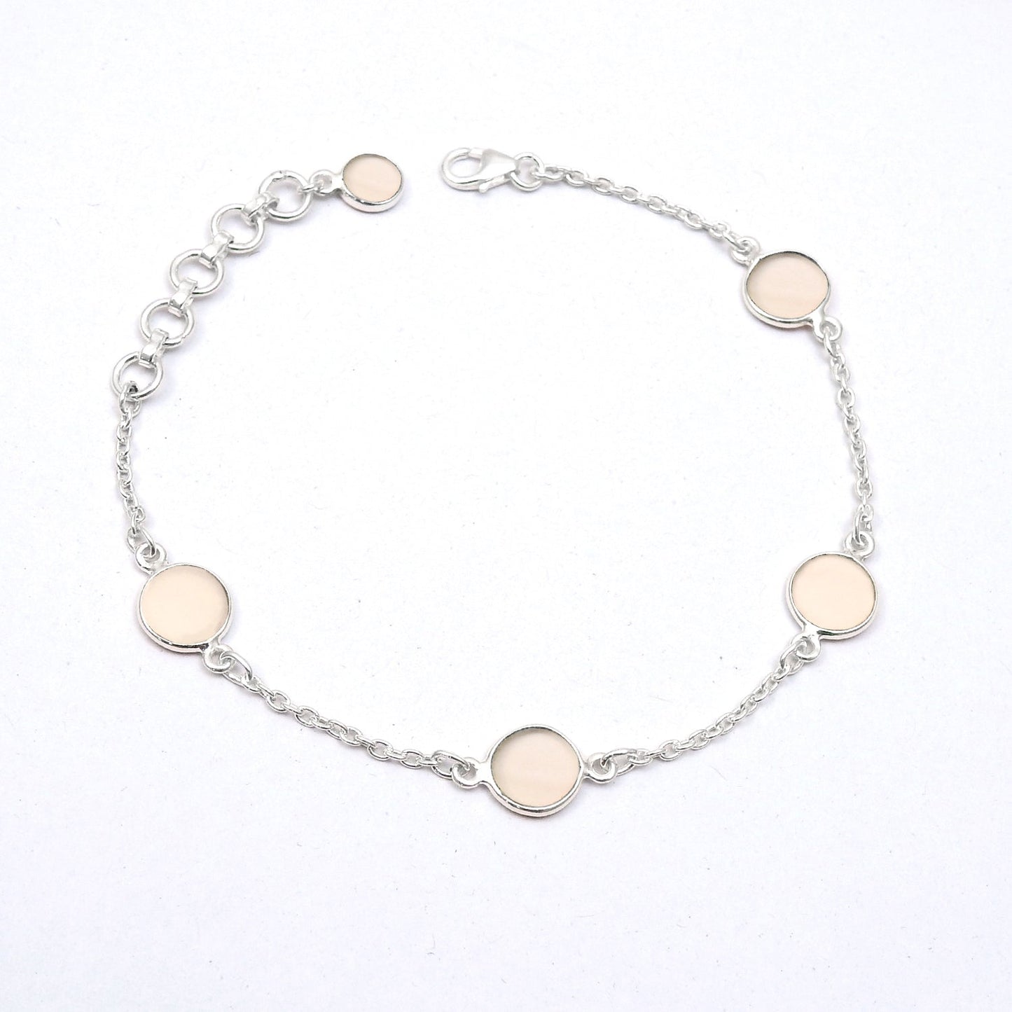 Round Rose Quartz Gemstone Solid Silver Bezel Chain Birthday Trendy New Bracelet