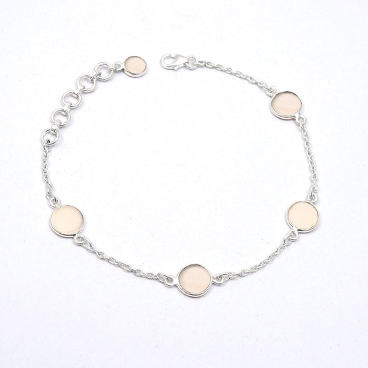 Round Rose Quartz Gemstone Solid Silver Bezel Chain Birthday Trendy New Bracelet