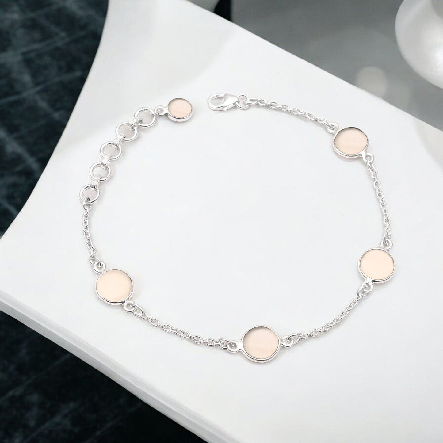 Round Rose Quartz Gemstone Solid Silver Bezel Chain Birthday Trendy New Bracelet