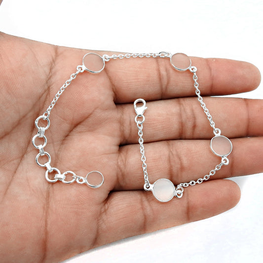 Round Rose Quartz Gemstone Solid Silver Bezel Chain Birthday Trendy New Bracelet