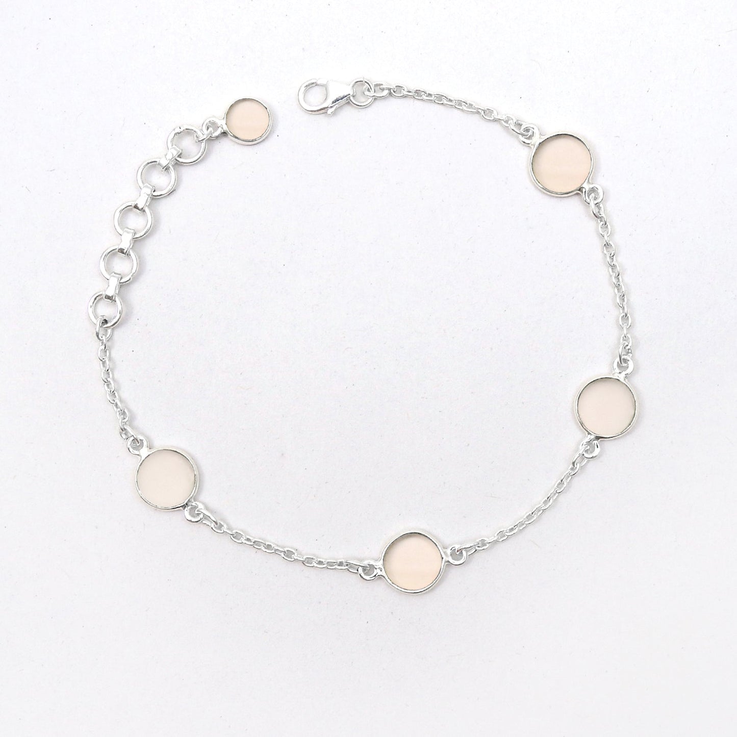 Round Rose Quartz Gemstone Solid Silver Bezel Chain Birthday Trendy New Bracelet