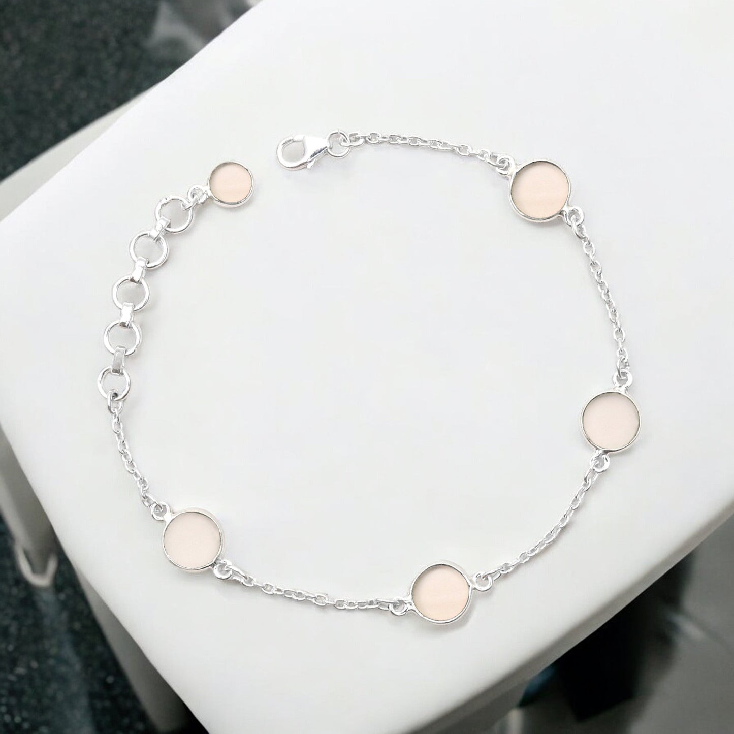 Round Rose Quartz Gemstone Solid Silver Bezel Chain Birthday Trendy New Bracelet