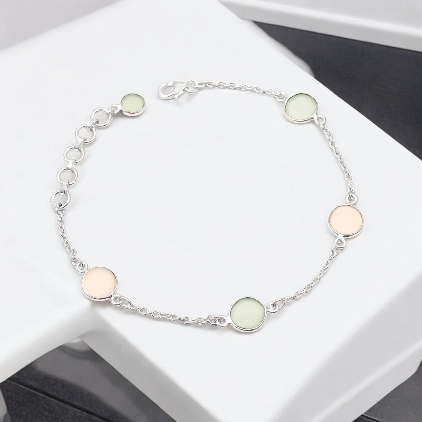 Rose Quartz 925 Silver Bezel Chain March Birth Daughter Trendy Bracelet Jewelry
