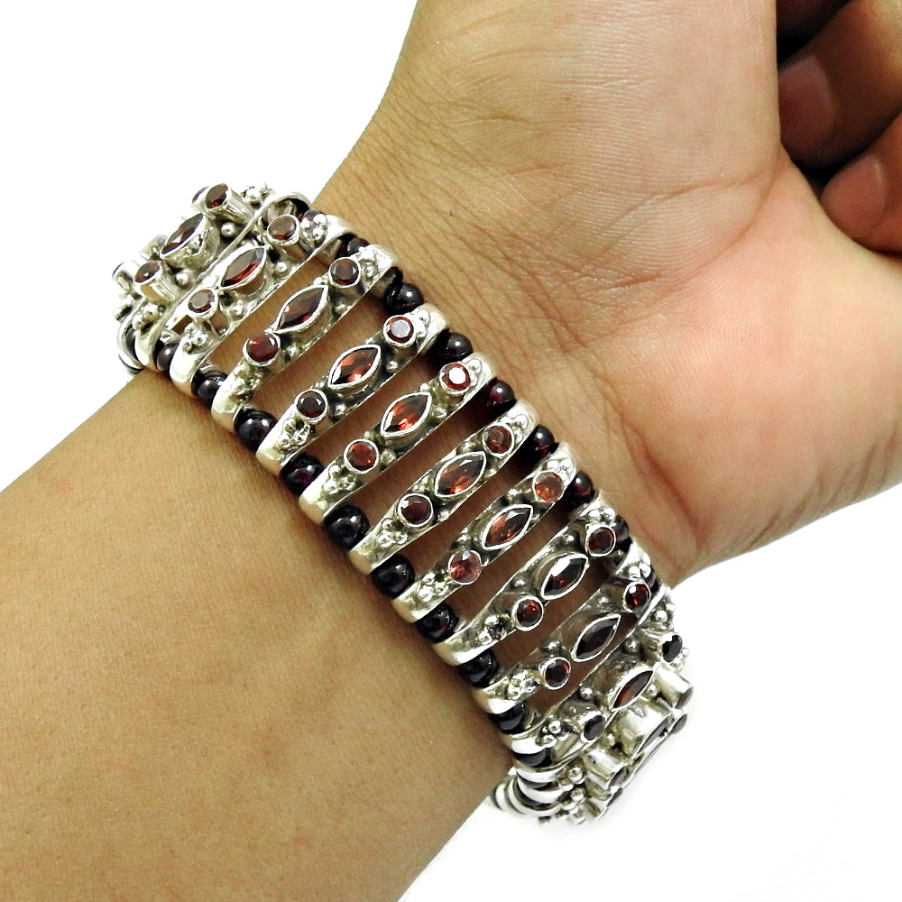 Natural Garnet Gemstone Chain Tribal Bracelet 925 Sterling Silver For Girls X2