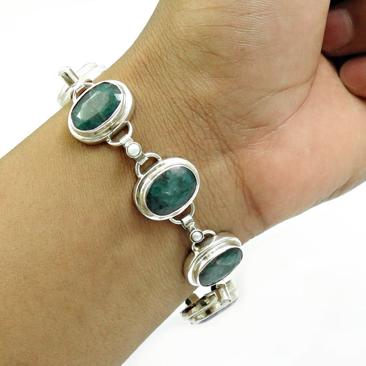 Emerald Pearl Statement Bracelet 925 Sterling Silver Ethnic Jewelry