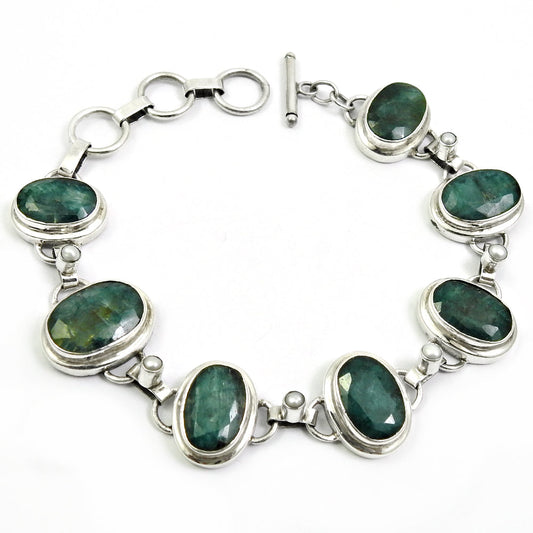 Emerald Pearl Statement Bracelet 925 Sterling Silver Ethnic Jewelry