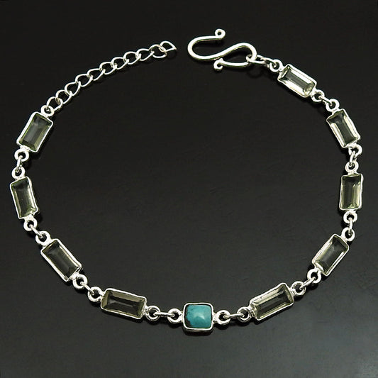 925 Solid Silver Square Green Amethyst Chain Vintage Bezel Friend Gift Bracelet