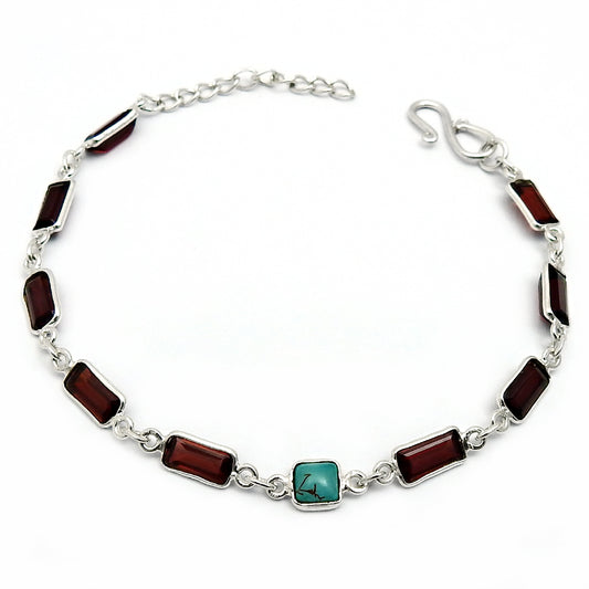 925 Sterling Silver Turquoise Chain Bezel Tribal December Birth Mother Bracelet