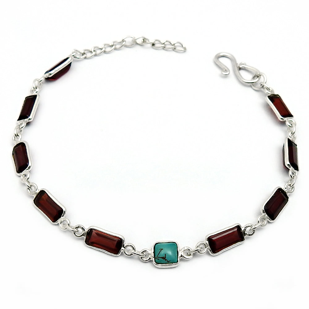 925 Sterling Silver Turquoise Chain Bezel Tribal December Birth Mother Bracelet