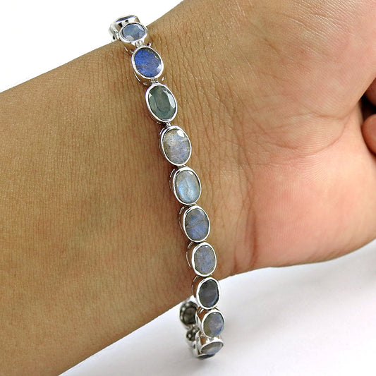 Solid 925 Sterling Silver Natural Labradorite Gemstone Statement Bracelet