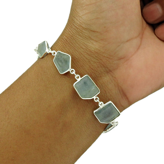 Aquamarine Stone 925 Solid Silver Birthday Chain Mother Unique Bracelet Jewelry