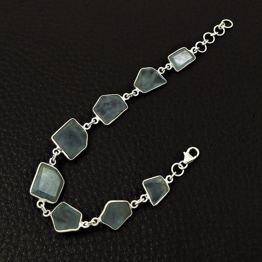Aquamarine Stone 925 Solid Silver Birthday Chain Mother Unique Bracelet Jewelry