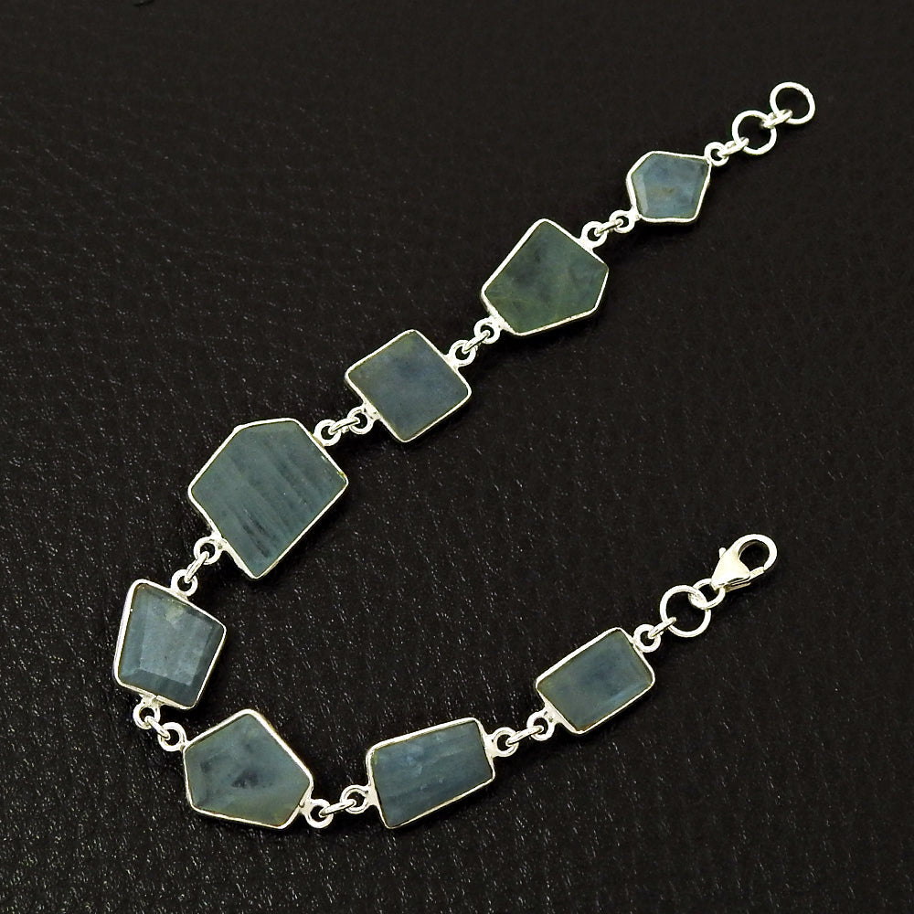 Cushion Aquamarine Gemstone March Chain Elegant Boho Bracelet Jewelry 925 Silver