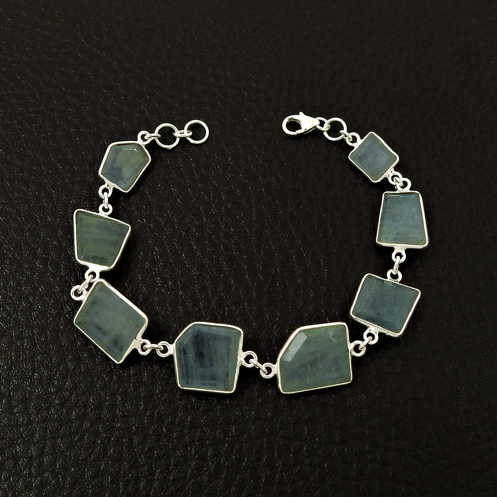 Aquamarine Gemstone Birthday Bezel Chain Ethnic Bracelet Jewelry Solid Silver