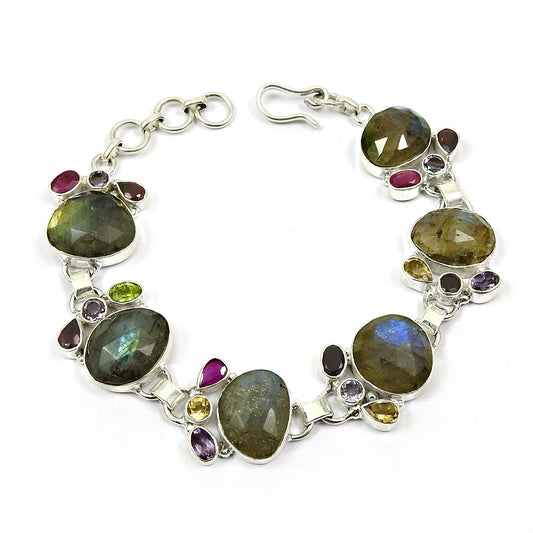 Natural Labradorite Gemstone Chain Ethnic Bracelet 925 Silver For Girls D17