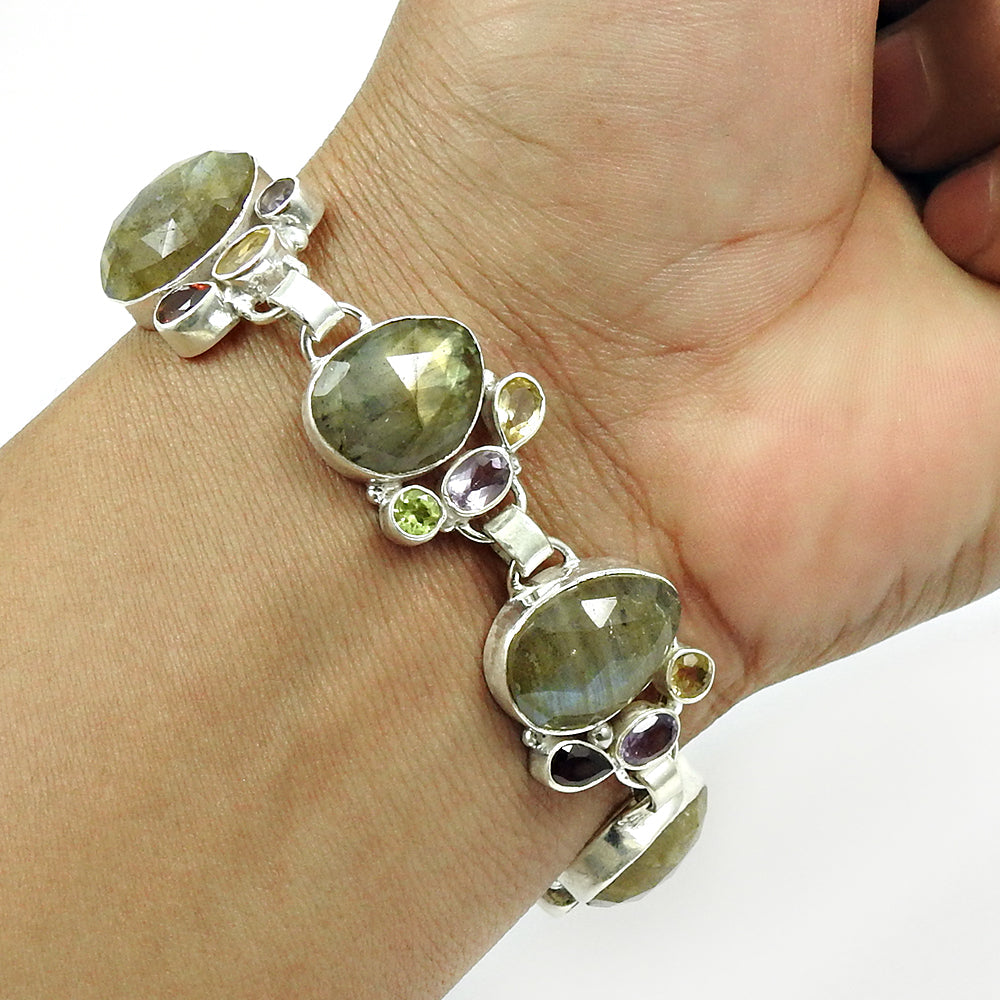 Birthday Gift 925 Silver Natural Labradorite Gemstone Tribal Bracelet E17