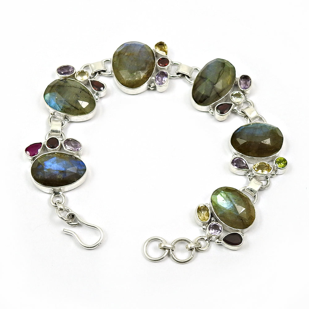 Birthday Gift Natural Labradorite Chain Vintage Bracelet 925 Silver B4