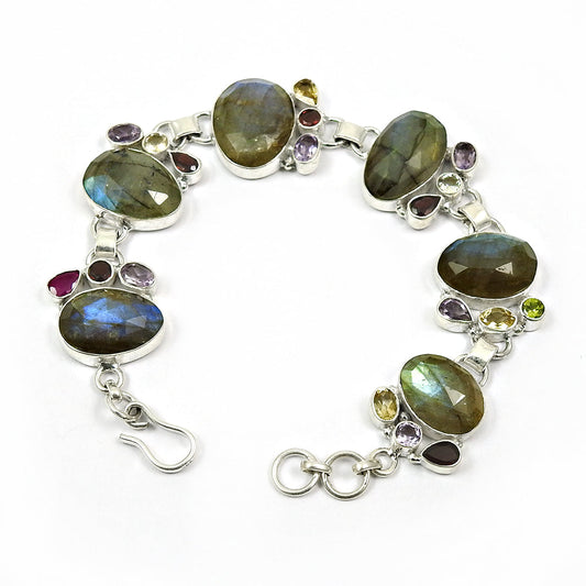 Birthday Gift Natural Labradorite Chain Vintage Bracelet 925 Silver B4