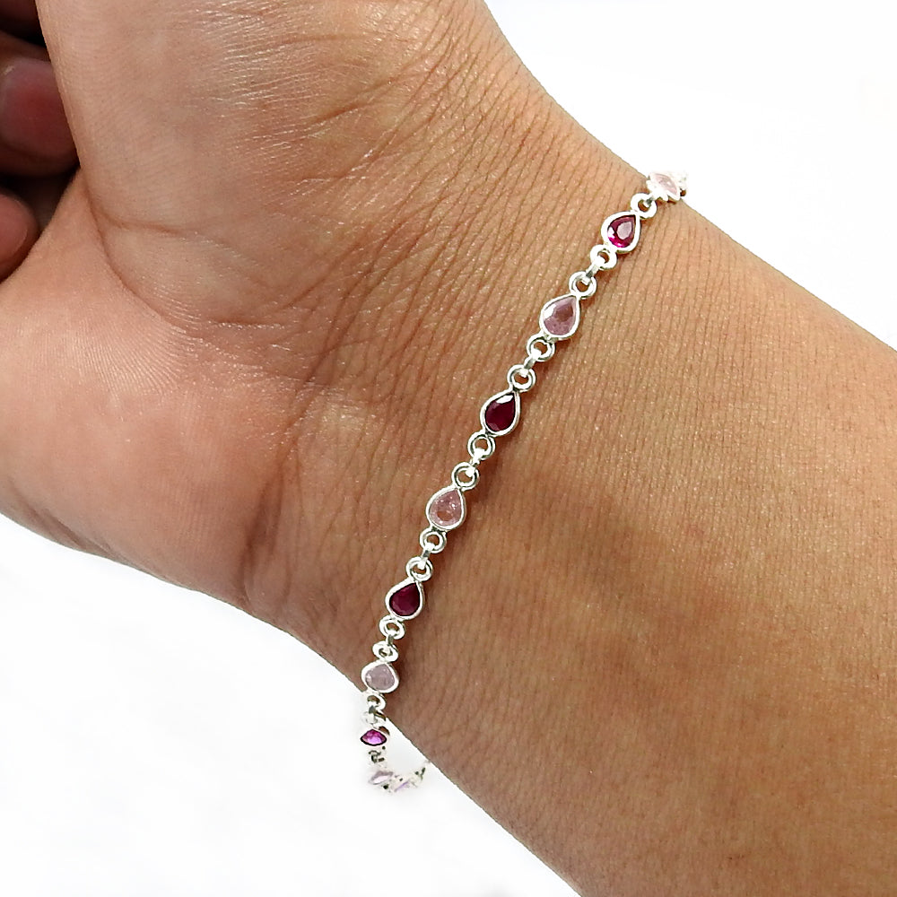 Natural Cubic Zirconia Gemstone Chain Ethnic Bracelet 925 Sterling Silver N51