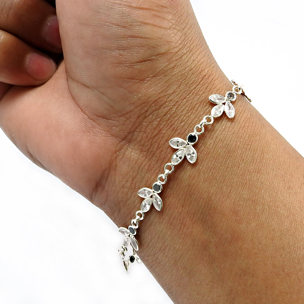 Natural Cubic Zirconia Vintage December Bezel Chain Bracelet 925 Solid Silver