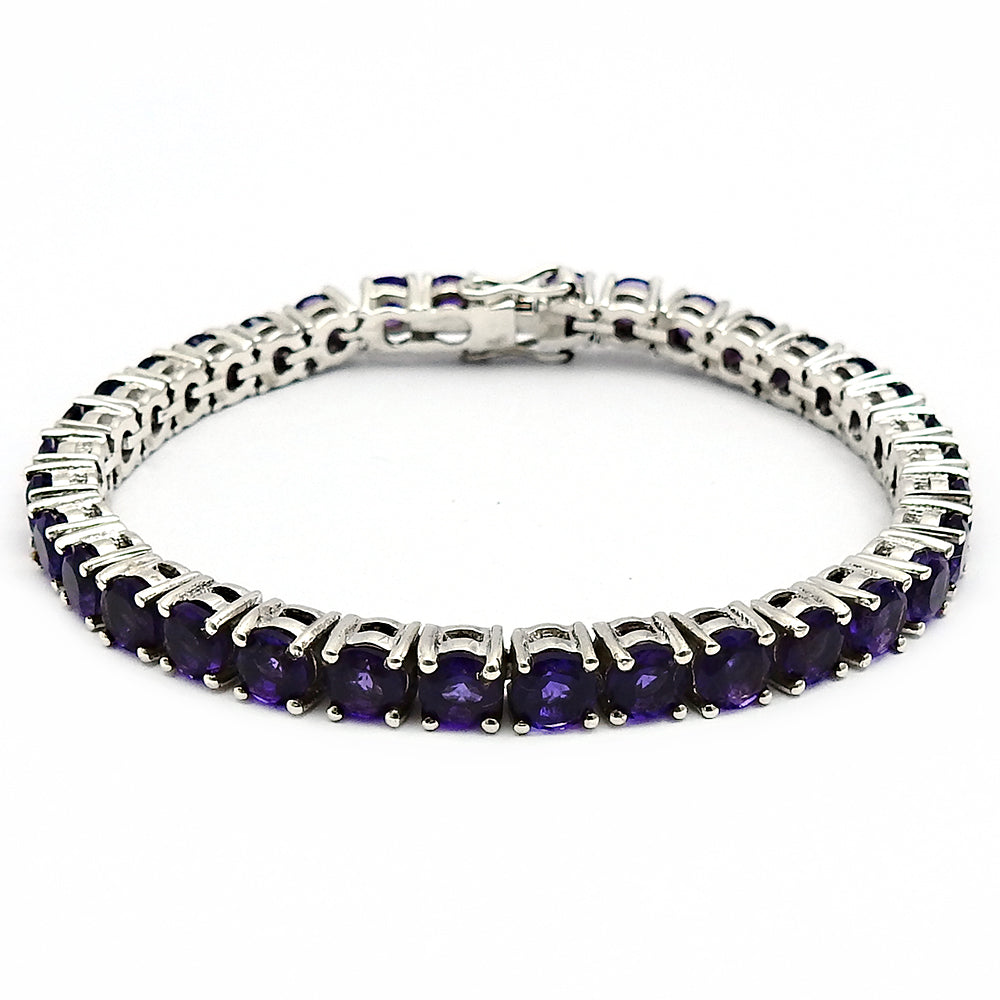 Round Natural Amethyst Chain Tribal Crown Chakra Bracelet 925 Sterling Silver