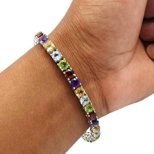 Round Shaped Natural Gemstones 925 Sterling Silver Bracelet