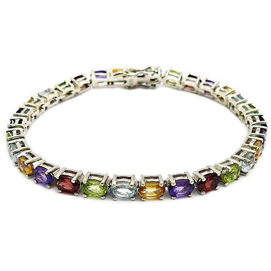 Oval Shaped Natural Gemstones Prong Setting Sterling Silver Bracelet