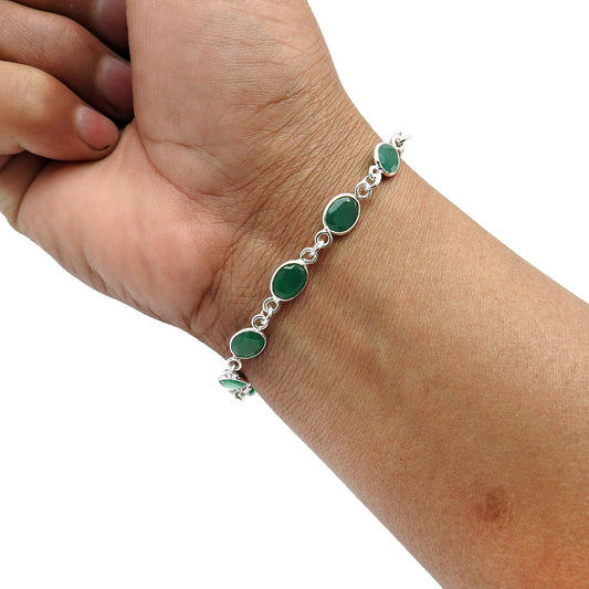 Natural Green Onyx Gemstone Bezel Bracelet 925 Sterling Silver Handmade Jewelry