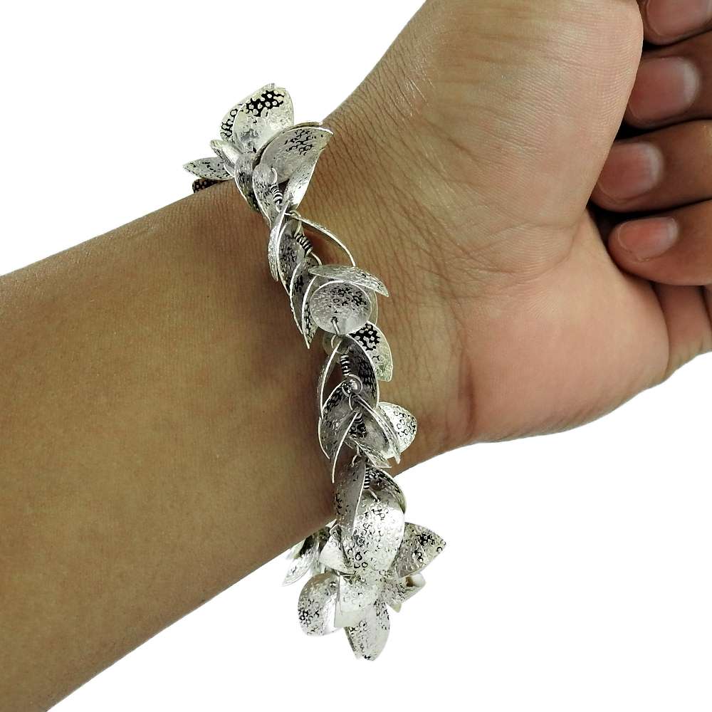 Solid 925 Sterling Silver Hammered Leaves Trendy Bracelet