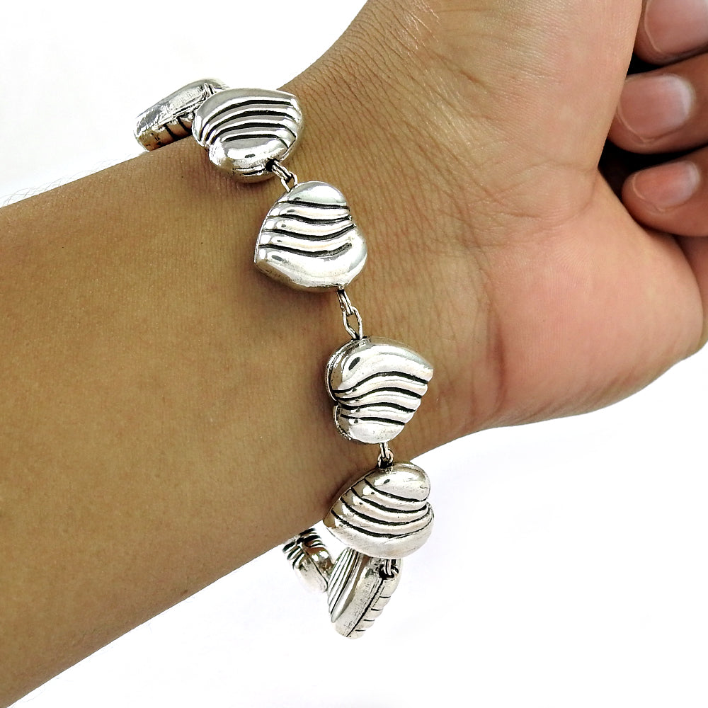 Solid 925 Sterling Silver Beaded Heart Bracelet for Women