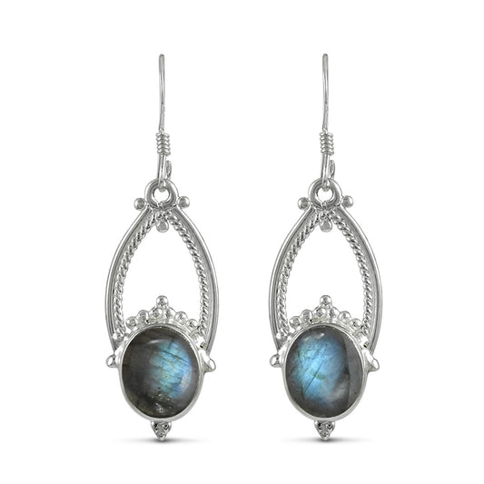 Sterling Silver Oval Labradorite Gemstone Bezel Hook Dangle Tribal Wife Earrings