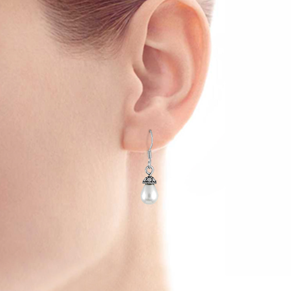 June Birth Briolette Natural Pearl Unique Drop Bezel Earrings 925 Solid Silver