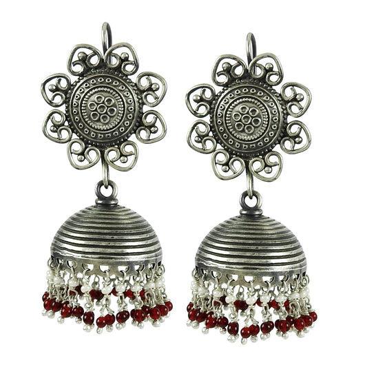 Solid 925 Silver Jhumki Garnet Pearl Earrings Indian Jewelry