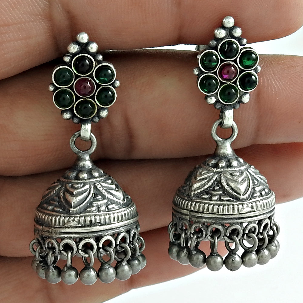 Solid 925 Silver Jhumki Natural Green Onyx Ruby Earrings Gift For Her